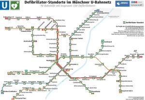 Defibrillator-Standorte im Münchener U-Bahnnetz